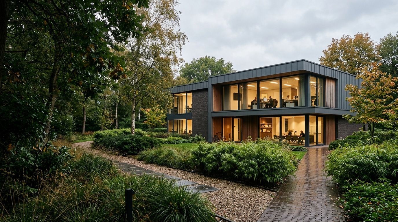 Modern bedrijfspand in een groene omgeving